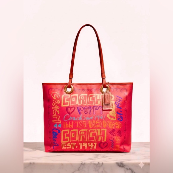 Coach Poppy Evie Graffiti Coated Canvas Tote Bag Vintage Rare Hot Pink - Picture 15 of 15